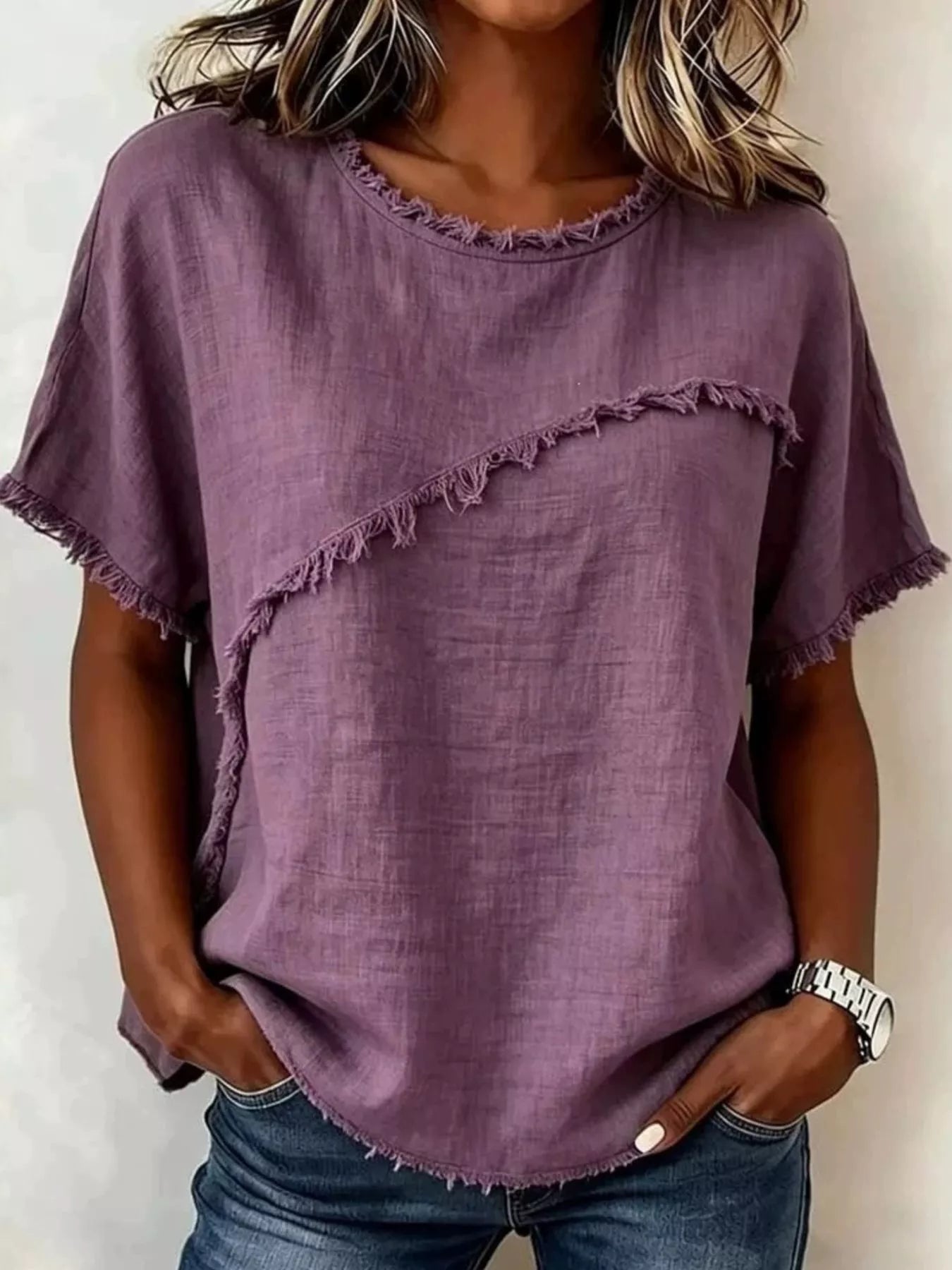 Plus Size Frayed Hem Top – Casual Short Sleeve Tee for Women