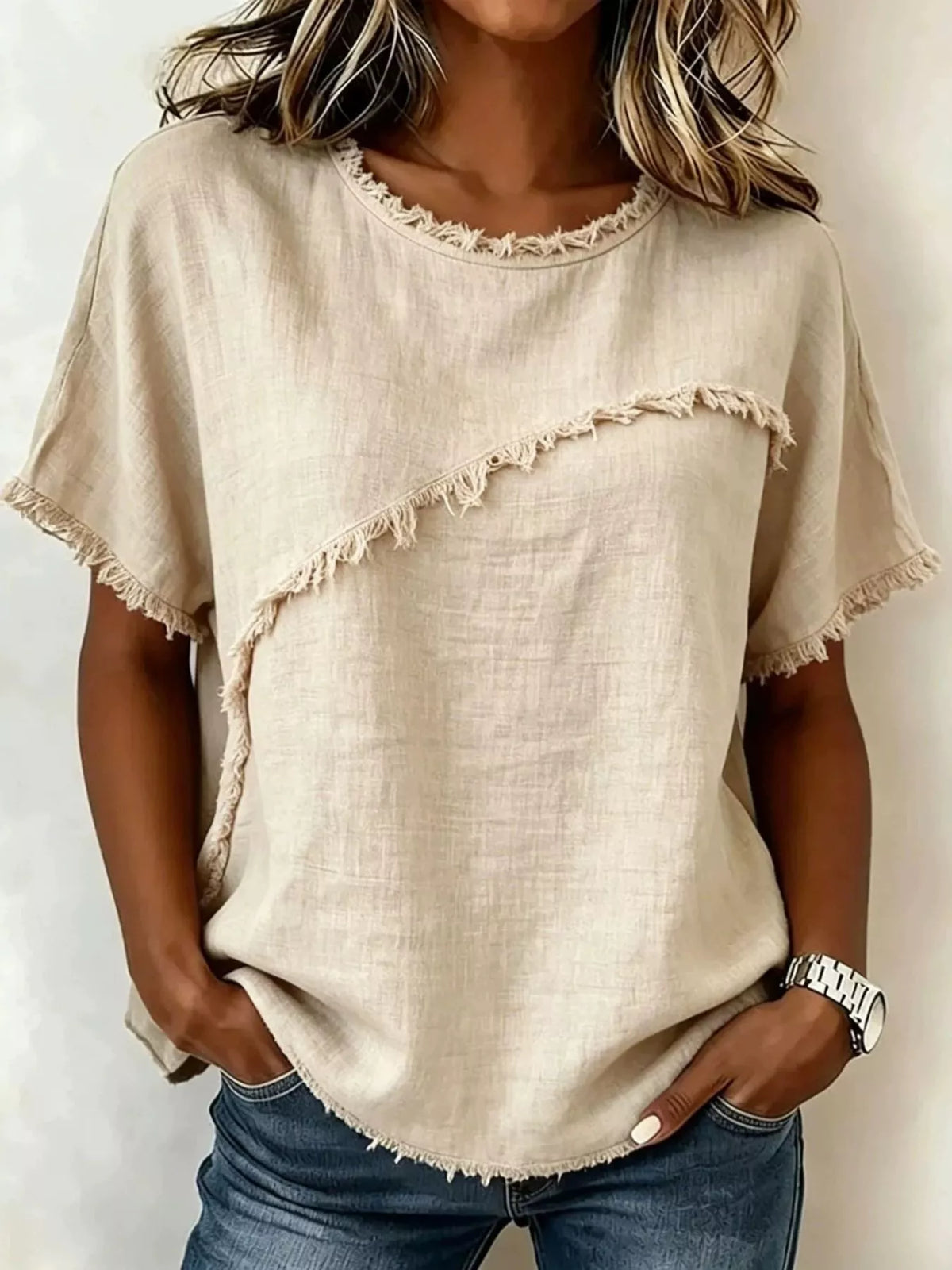 Plus Size Frayed Hem Top – Casual Short Sleeve Tee for Women