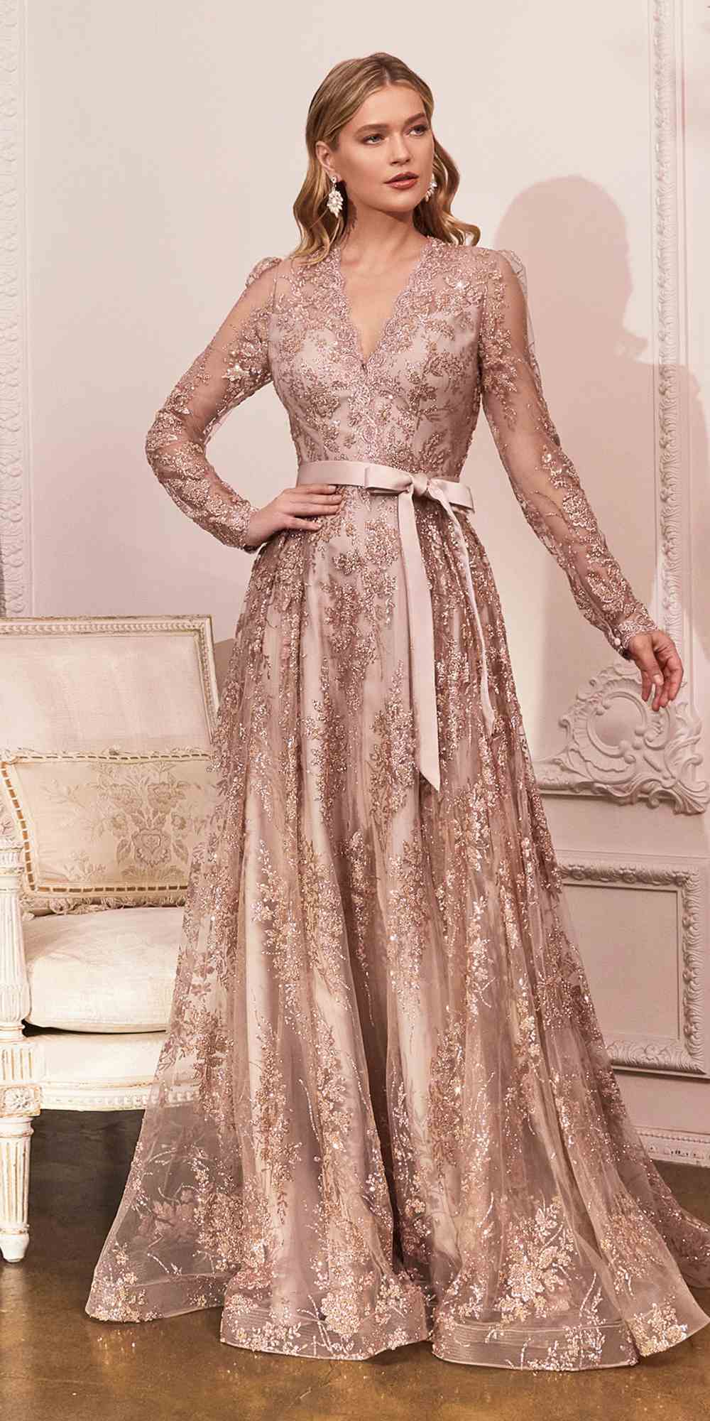 Long Sleeve Embellished Ball Gown – Formal Evening Dress for Women