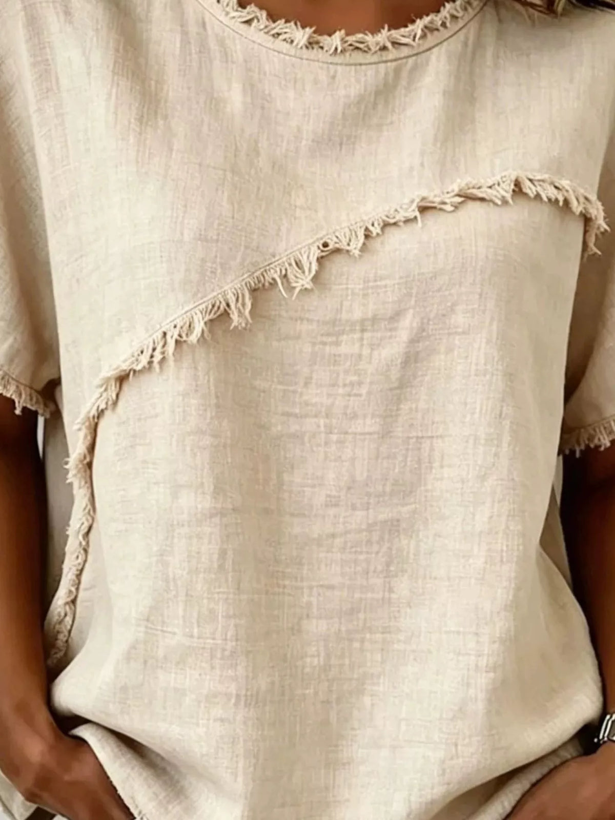 Plus Size Frayed Hem Top – Casual Short Sleeve Tee for Women